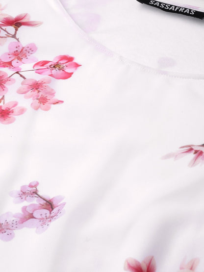 Women's Off-White Floral Rouched Sleeves Crop Top