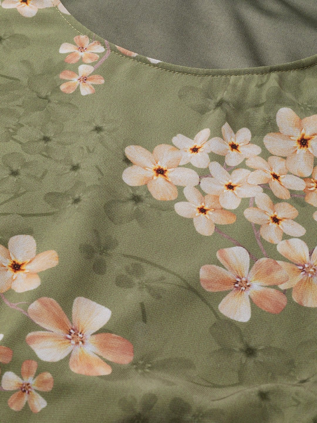 Women's Moss Green Floral Rouched Sleeves Crop Top