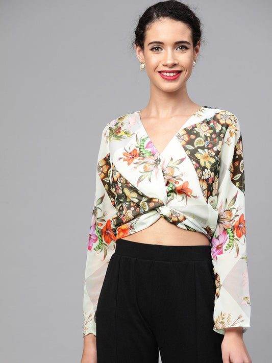Women's Cream And Black Front Twisted Crop Top
