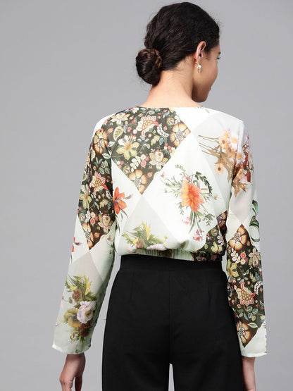 Women's Cream And Black Front Twisted Crop Top