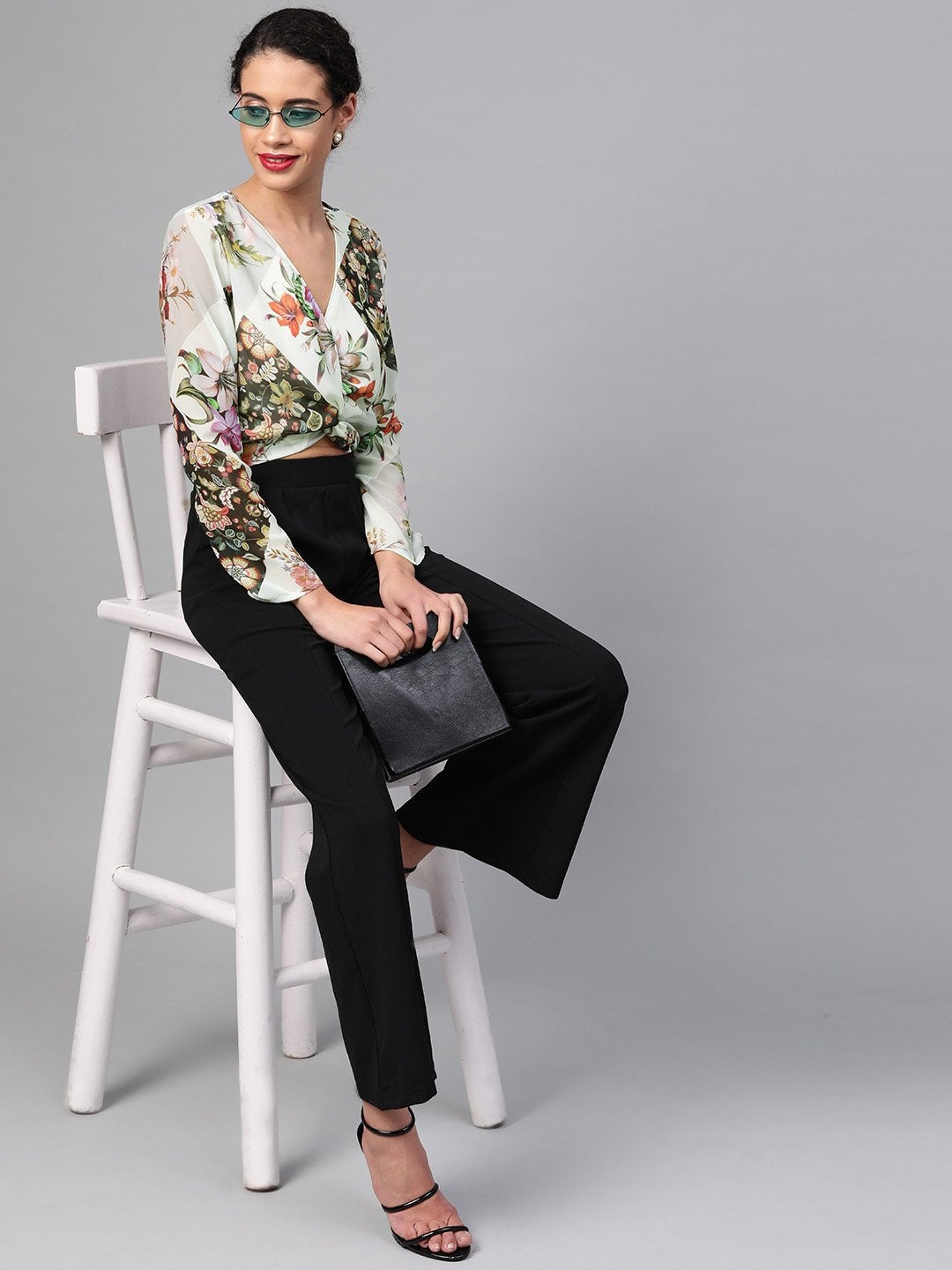Women's Cream And Black Front Twisted Crop Top