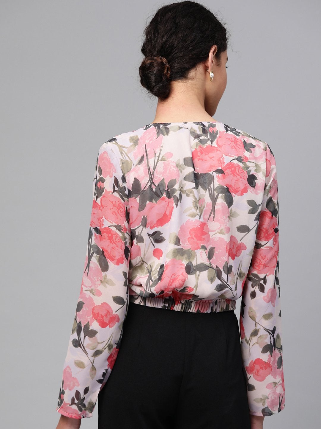 Women's Beige Floral Front Twisted Crop Top