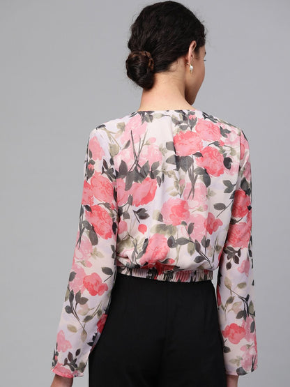 Women's Beige Floral Front Twisted Crop Top