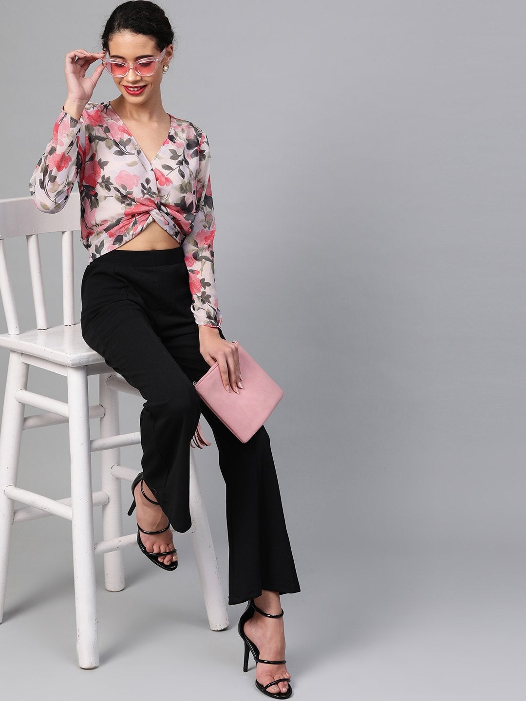 Women's Beige Floral Front Twisted Crop Top