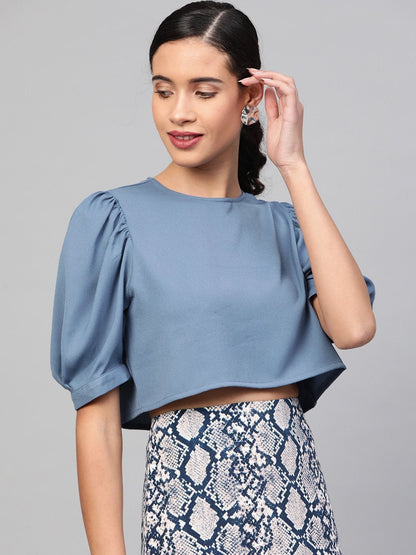 Women's Teal Gathered Sleeve Crop Top