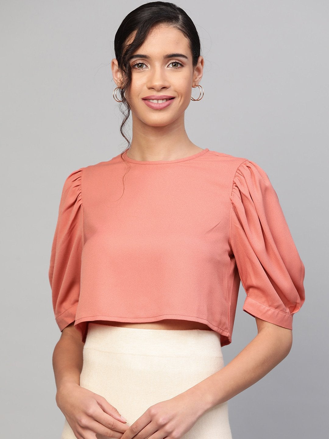 Women's Pink Gathered Sleeve Crop Top
