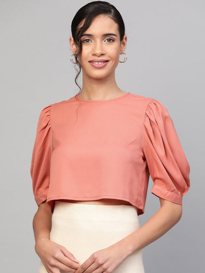 Women's Pink Gathered Sleeve Crop Top