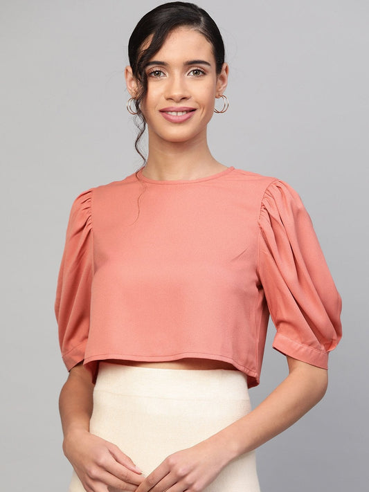 Women's Pink Gathered Sleeve Crop Top