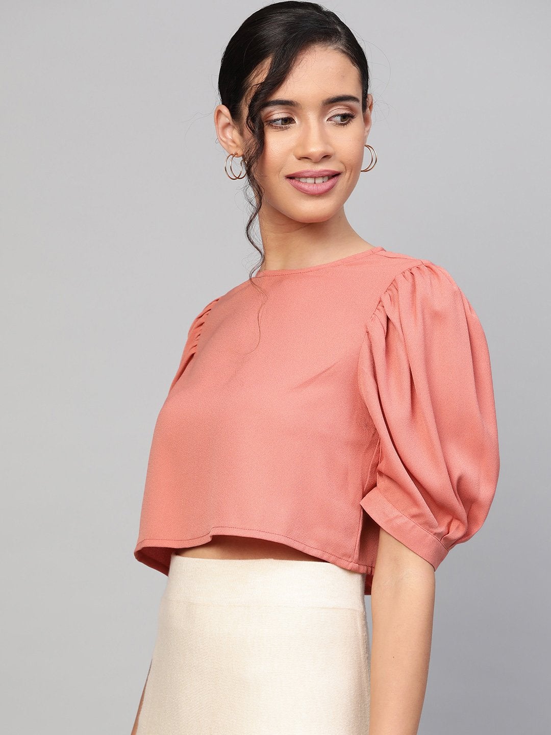 Women's Pink Gathered Sleeve Crop Top