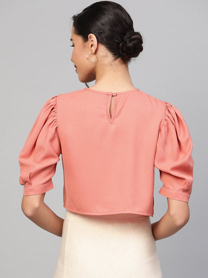 Women's Pink Gathered Sleeve Crop Top
