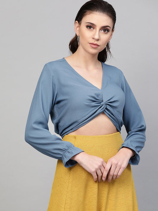 Women's Teal Front Knot Crop Top