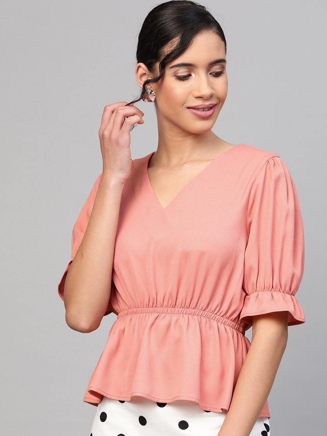 Women's Pink V-Neck Peplum Top