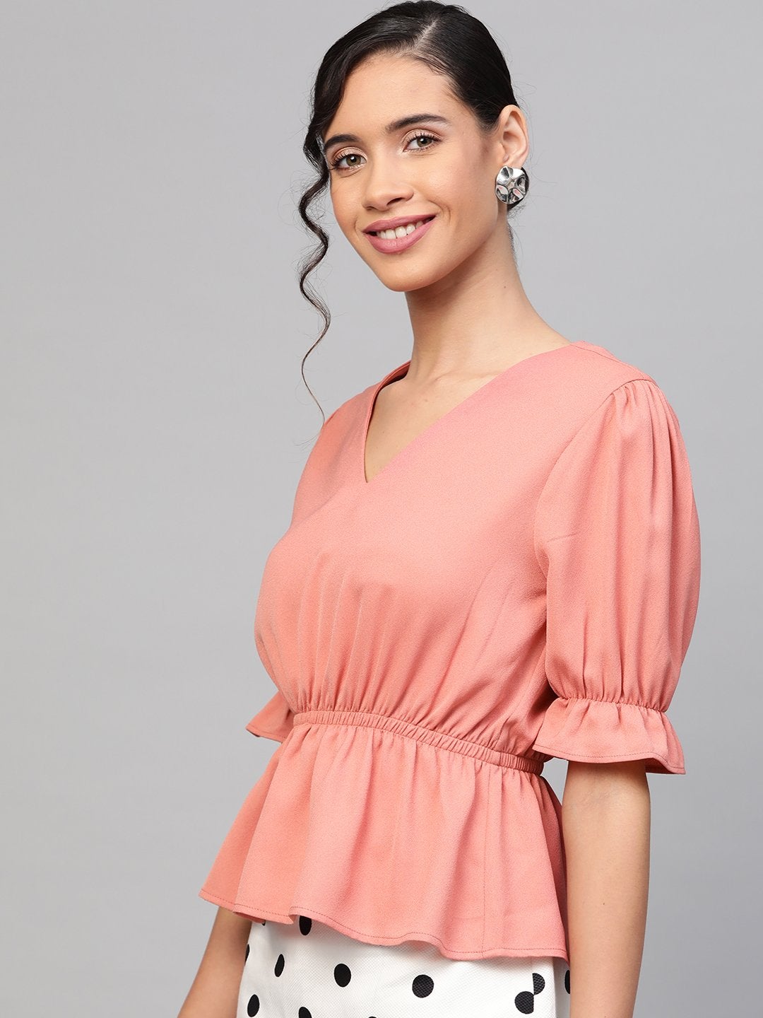 Women's Pink V-Neck Peplum Top