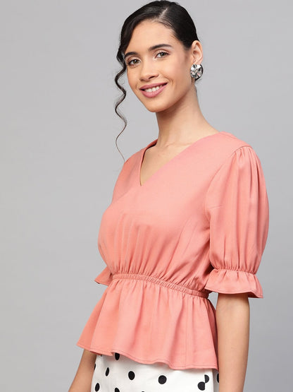 Women's Pink V-Neck Peplum Top