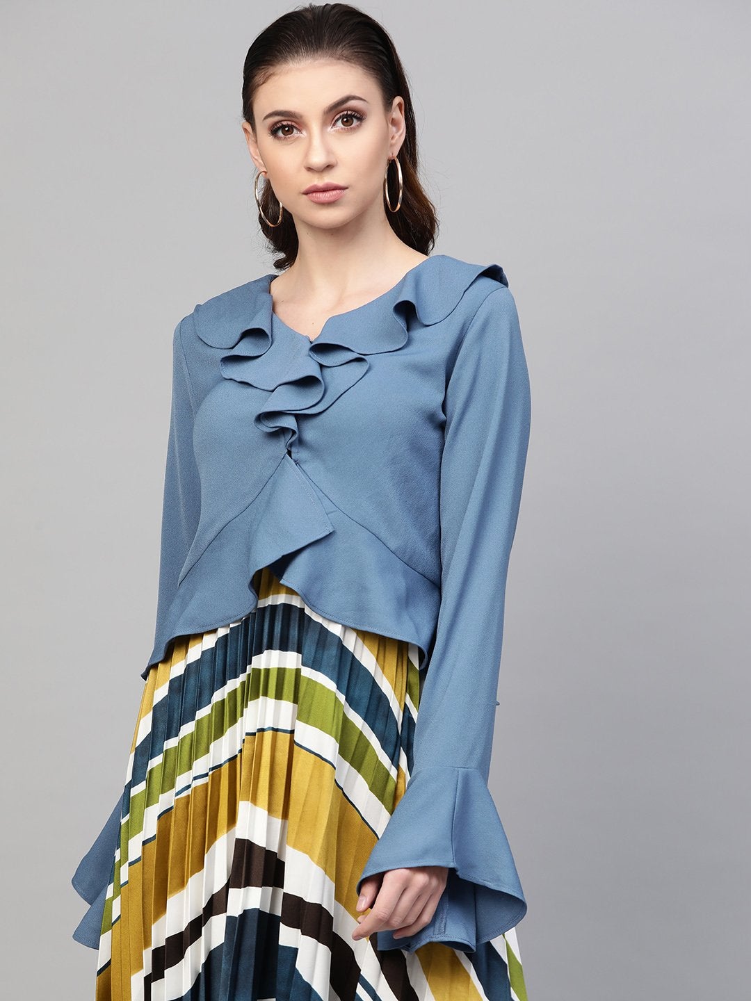 Women's Teal Front Ruffle Crop Top