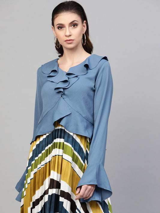 Women's Teal Front Ruffle Crop Top