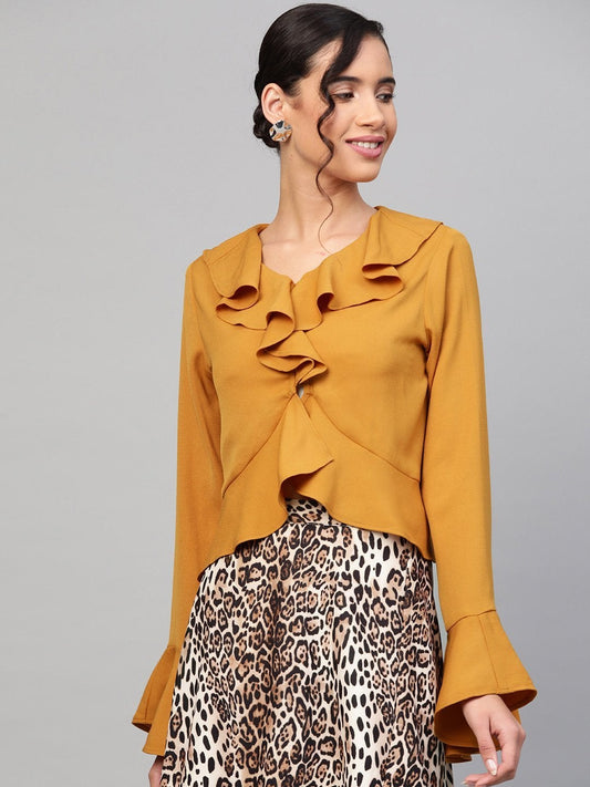 Women's Mustard Blue Front Ruffle Crop Top