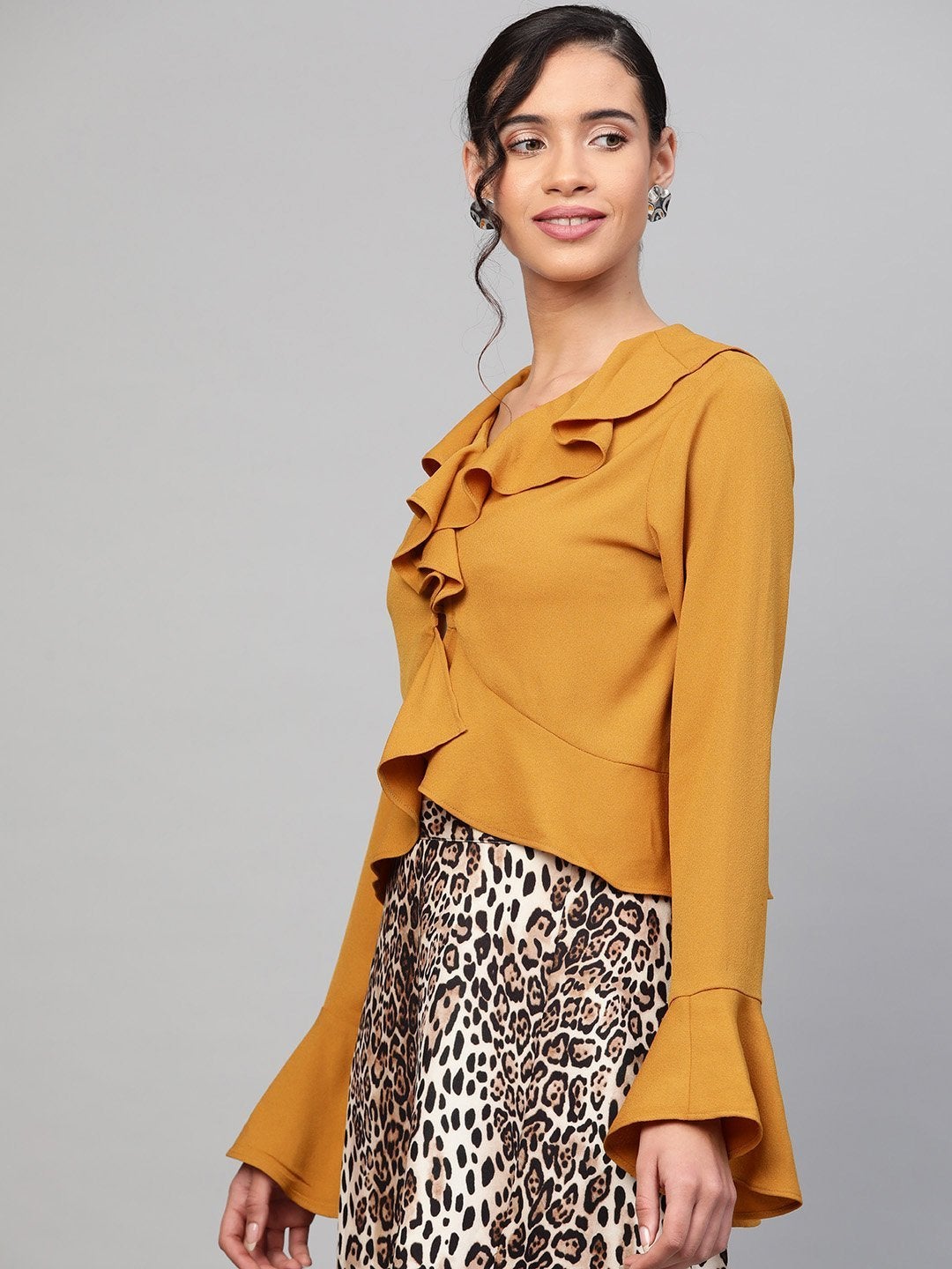 Women's Mustard Blue Front Ruffle Crop Top