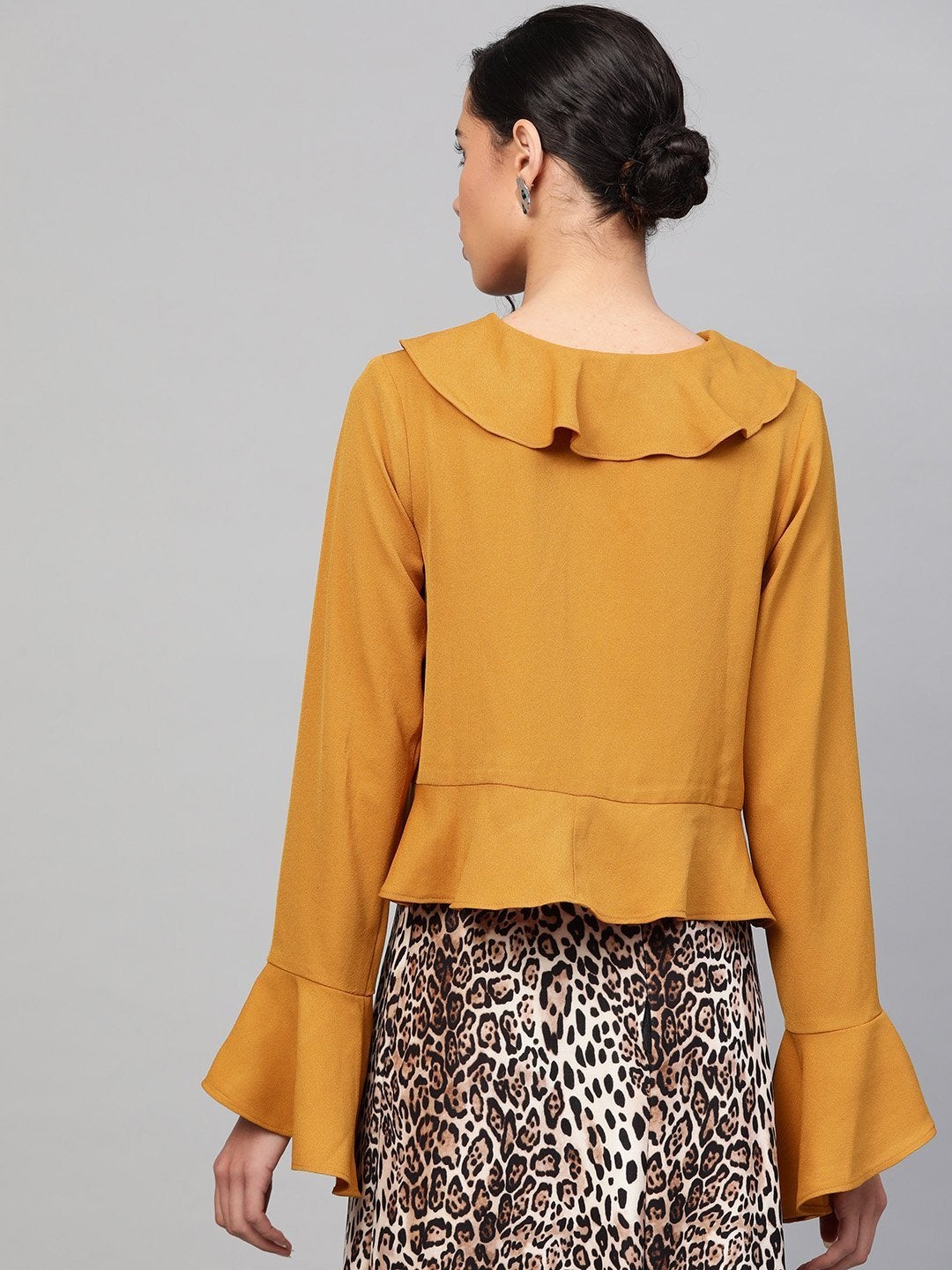Women's Mustard Blue Front Ruffle Crop Top