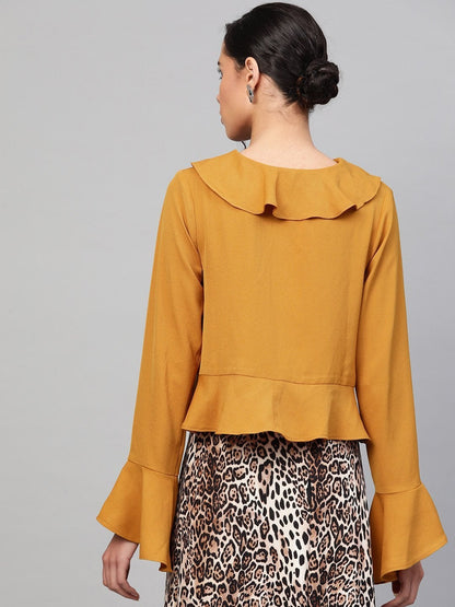 Women's Mustard Blue Front Ruffle Crop Top