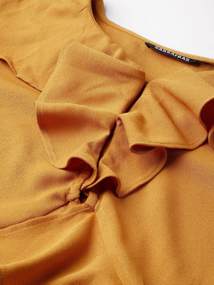 Women's Mustard Blue Front Ruffle Crop Top