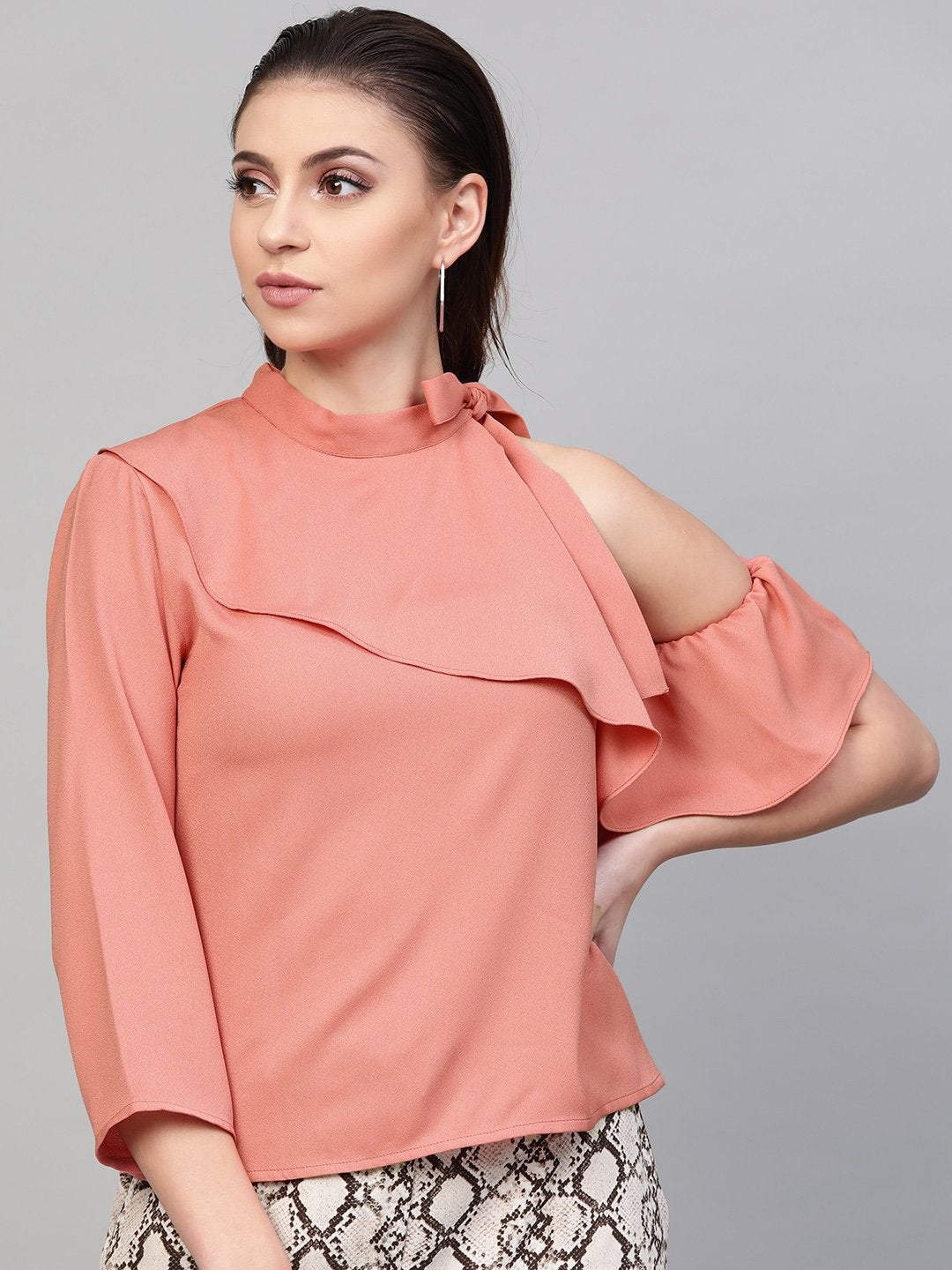 Women's Pink Neck Tie-Up Frill Top