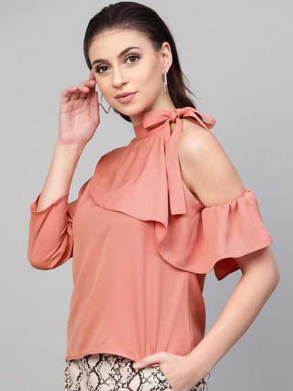 Women's Pink Neck Tie-Up Frill Top