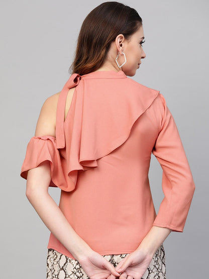 Women's Pink Neck Tie-Up Frill Top