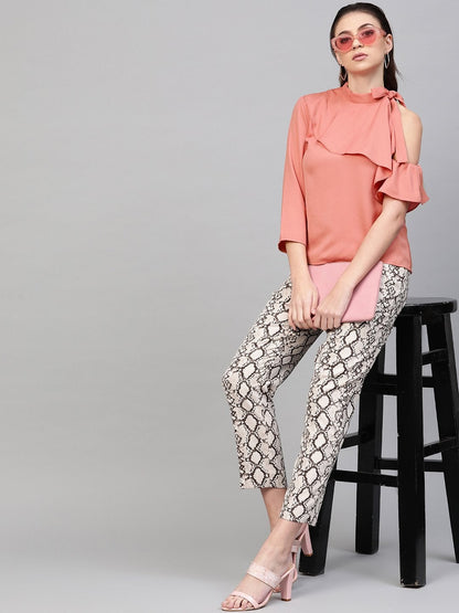 Women's Pink Neck Tie-Up Frill Top
