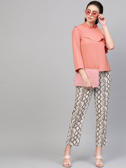 Women's Pink Neck Tie-Up Frill Top