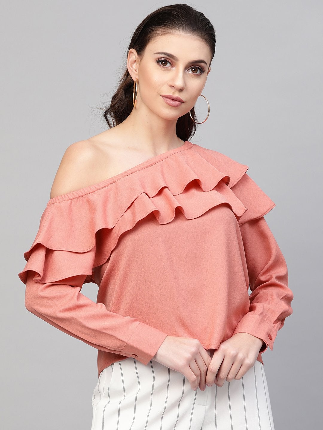Women's Pink One Shoulder Ruffle Top