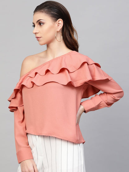 Women's Pink One Shoulder Ruffle Top
