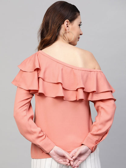 Women's Pink One Shoulder Ruffle Top