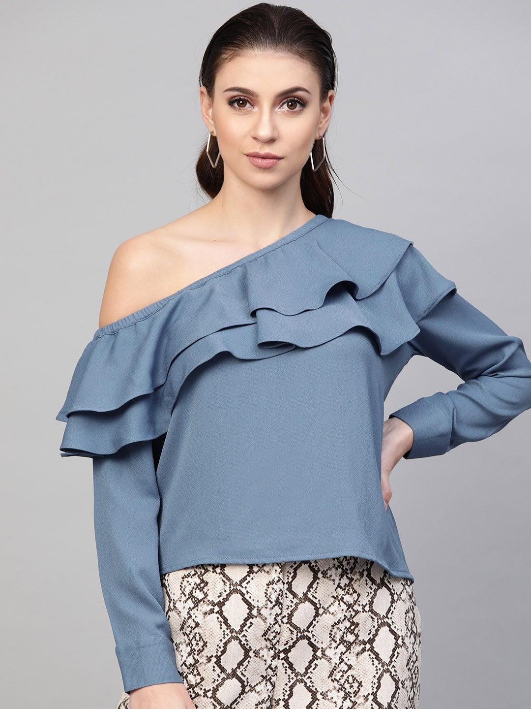 Women's Teal One Shoulder Ruffle Top