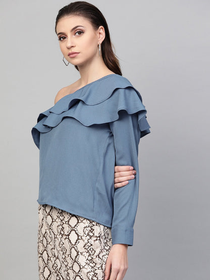 Women's Teal One Shoulder Ruffle Top