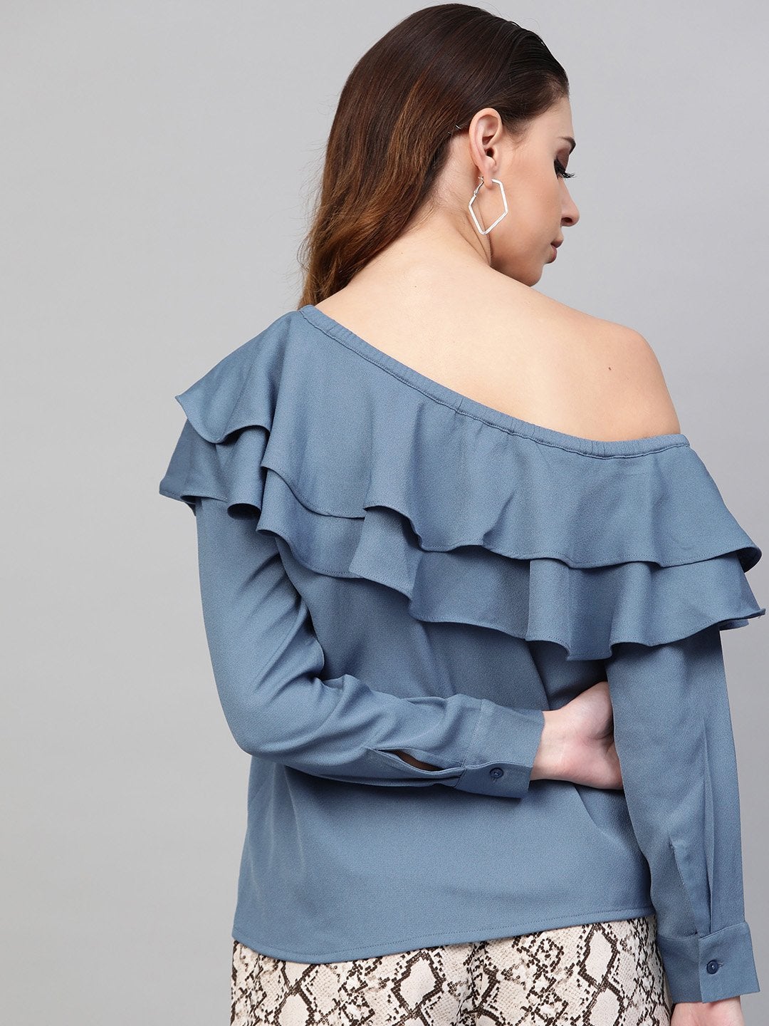 Women's Teal One Shoulder Ruffle Top
