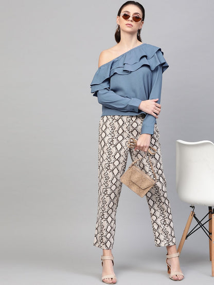 Women's Teal One Shoulder Ruffle Top