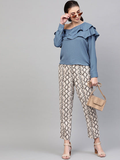 Women's Teal One Shoulder Ruffle Top