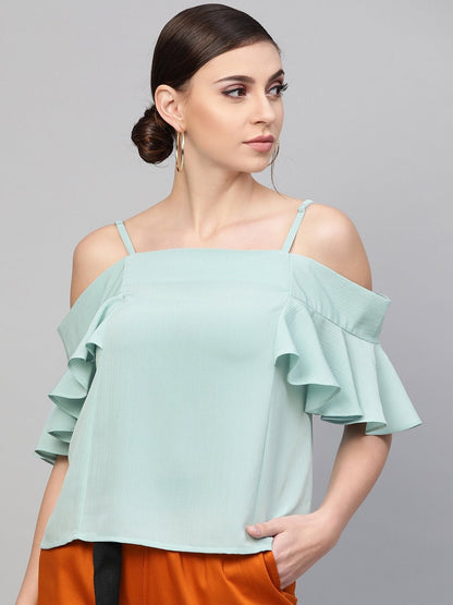 Women's Sea Green Strappy Cold Shoulder Top
