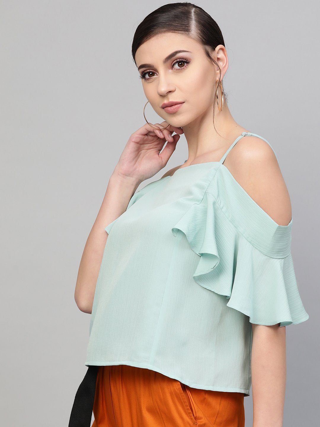 Women's Sea Green Strappy Cold Shoulder Top