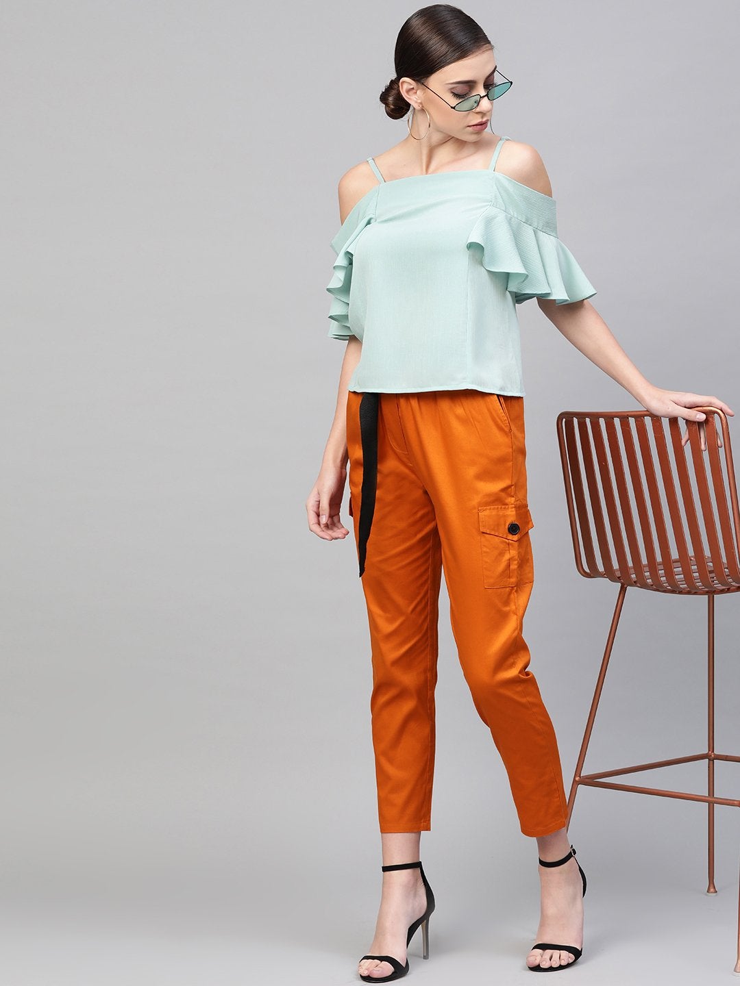 Women's Sea Green Strappy Cold Shoulder Top