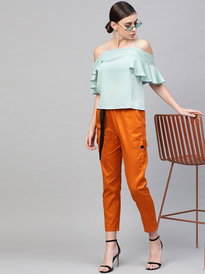 Women's Sea Green Strappy Cold Shoulder Top
