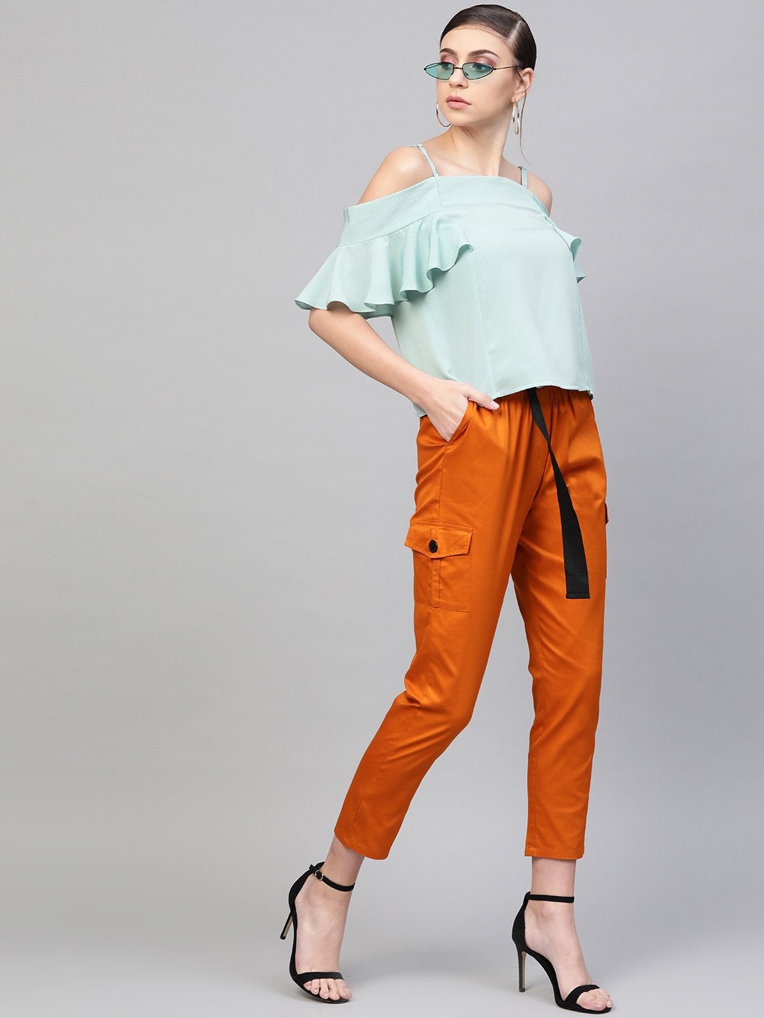 Women's Sea Green Strappy Cold Shoulder Top
