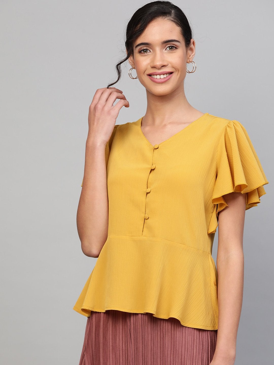 Women's Mustard Front Button Peplum Top