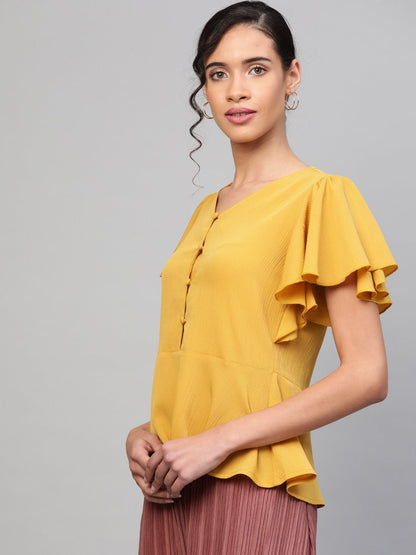 Women's Mustard Front Button Peplum Top
