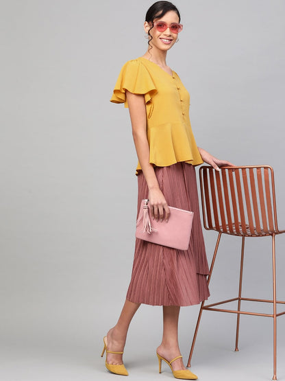 Women's Mustard Front Button Peplum Top