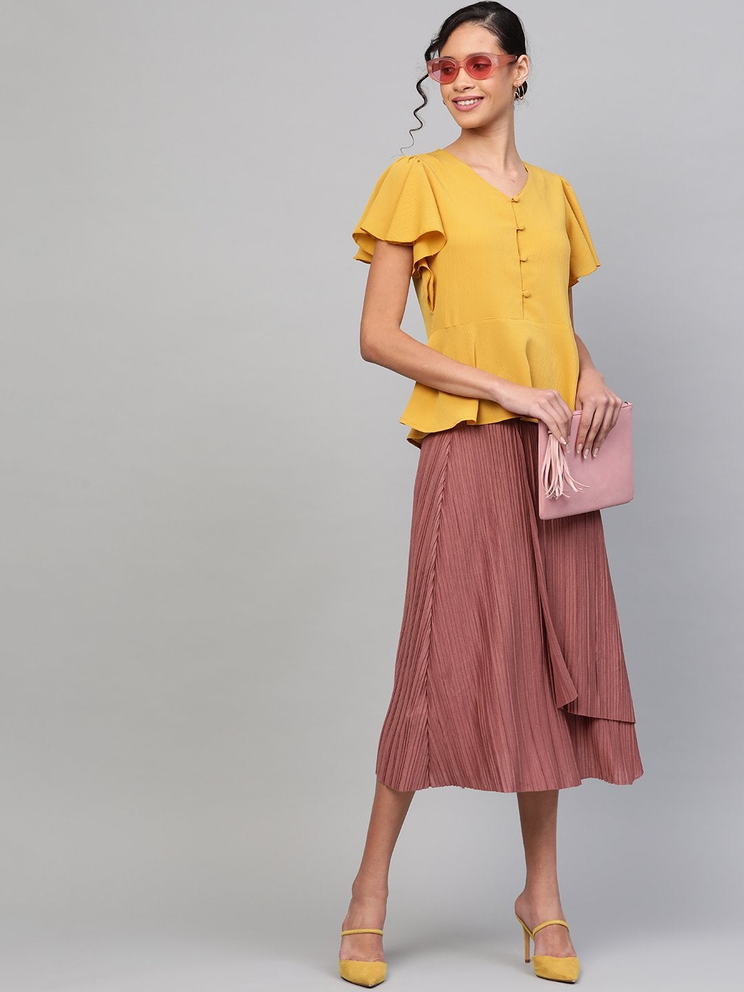 Women's Mustard Front Button Peplum Top