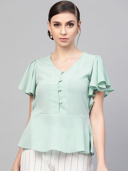 Women's Sea Green Front Button Peplum Top