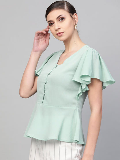 Women's Sea Green Front Button Peplum Top
