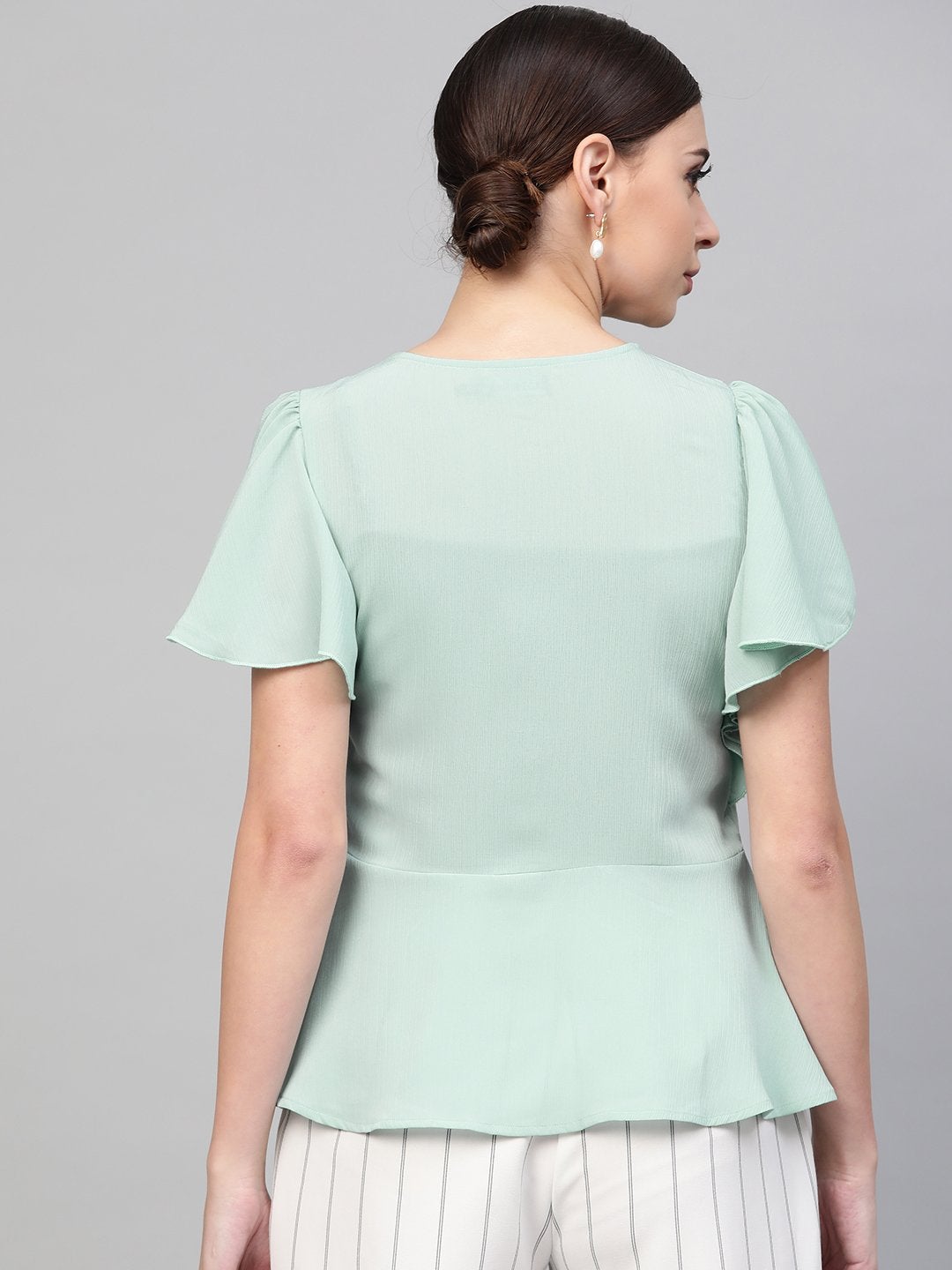 Women's Sea Green Front Button Peplum Top
